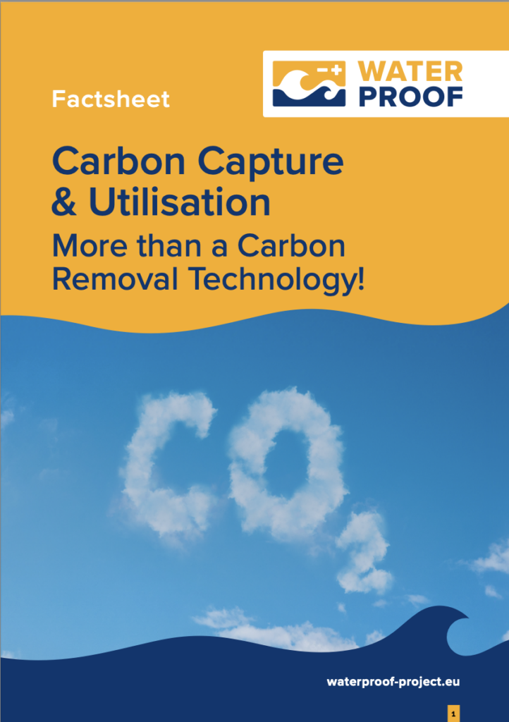 Title page of the Carbon Capture & Utilisation factsheet. Upper part with a yellow background showing the WaterProof logo and the title. Lower part showing a photorealistic picture with a blue shy and CO₂ delineated as a cloud.