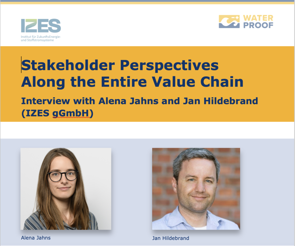 Digital banner promoting the interview with Alena Jahns and Jan Hildebrand from IZES gGMBH with the title "Stakeholder Perspectives Along the Entire Value Chain". On top are the logos of IZES and WaterProof. In the middle is a yellow block with the title, the interviewees' names and their affiliation, below is a light blue area with Alena's and Jan's portrait photos and their names.