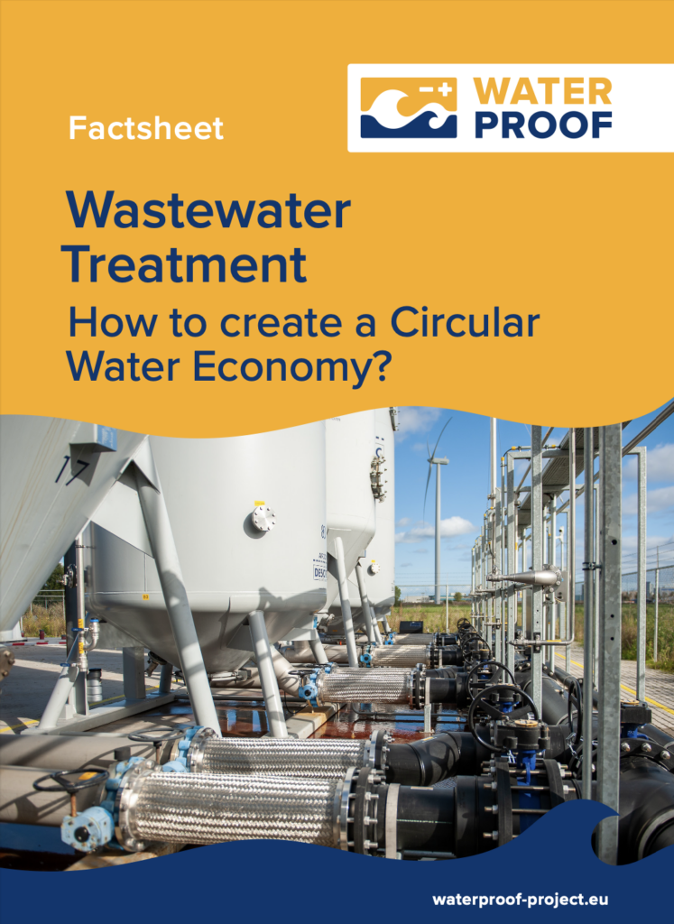 Title page of the Wastewater Treatment factsheet. Upper part with a yellow background showing the WaterProof logo and the title. Lower part showing a picture of tanks and pipes.