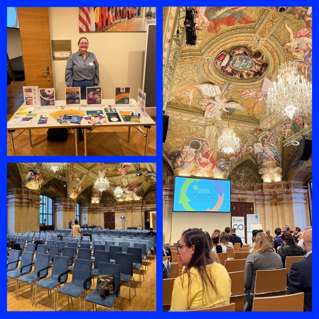 Square with blue margin showing three pictures then during the Circular Carbon Economy Summit in Vienna, Austria. Top left: Anke Schwarzenberger behind the project booth with flyers, factsheets and other information materials. Bottom left: view of the empty conference room with blue chairs for the audience. Right side: view into the conference room at the Palais Niederösterreich showing the impressive painted, golden, baroque ceiling , the audience from the back and the screen for presentations.