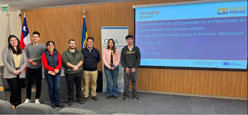 group of students and Dr. Pozo infront of a WaterProof presentation